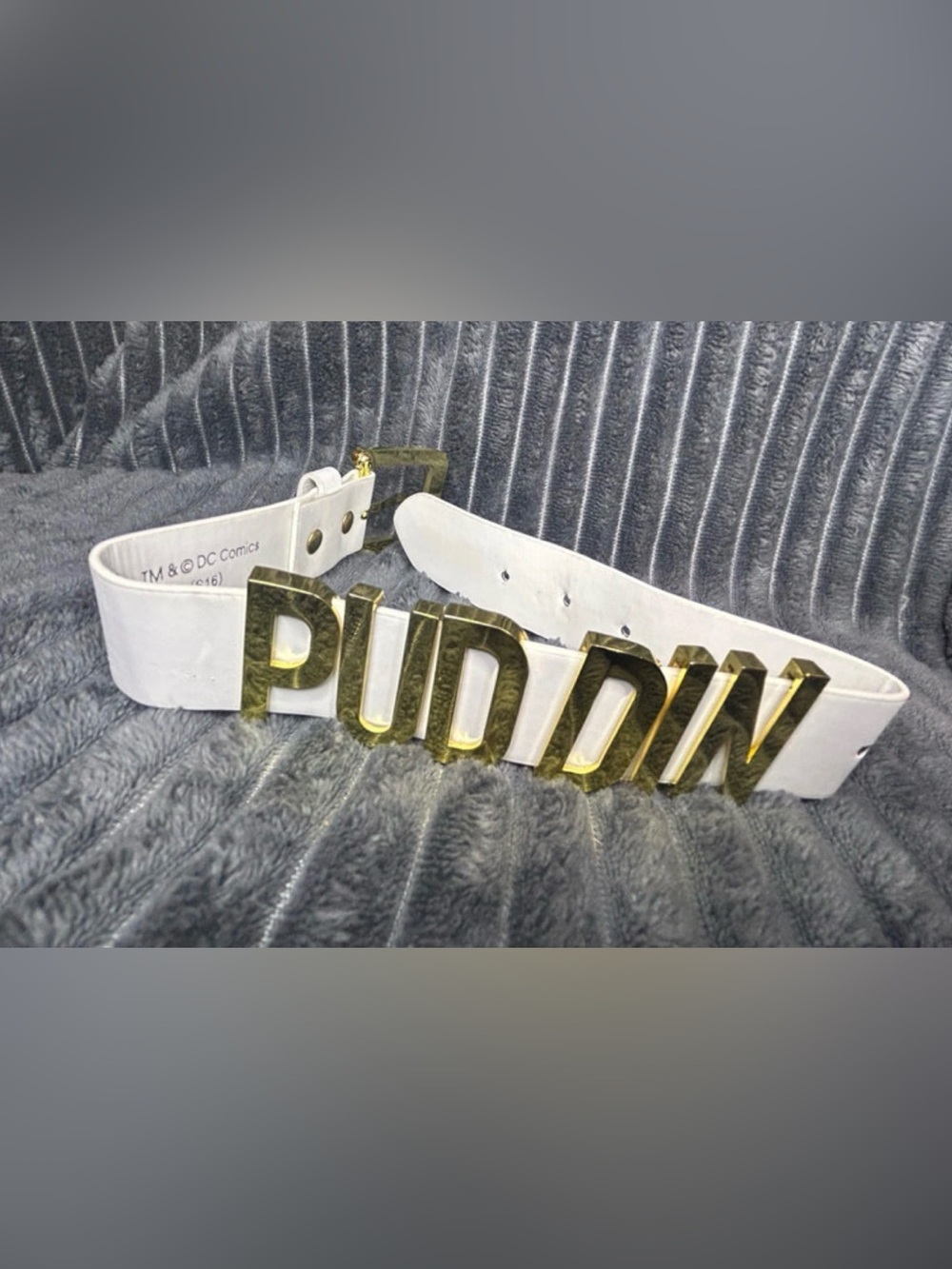 DC Comics White Suicide Squad Logo Belt with Gold Lettering